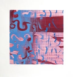 "Punctuations 214",  abstract solar plate etching, layered blue and red.