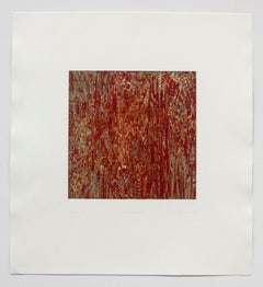 "Brocade 909", solar plate etching print, layered red, yellow, turquoise.
