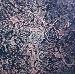 "DitDot Two", abstract soft ground etching print, pale pink, deep blue.