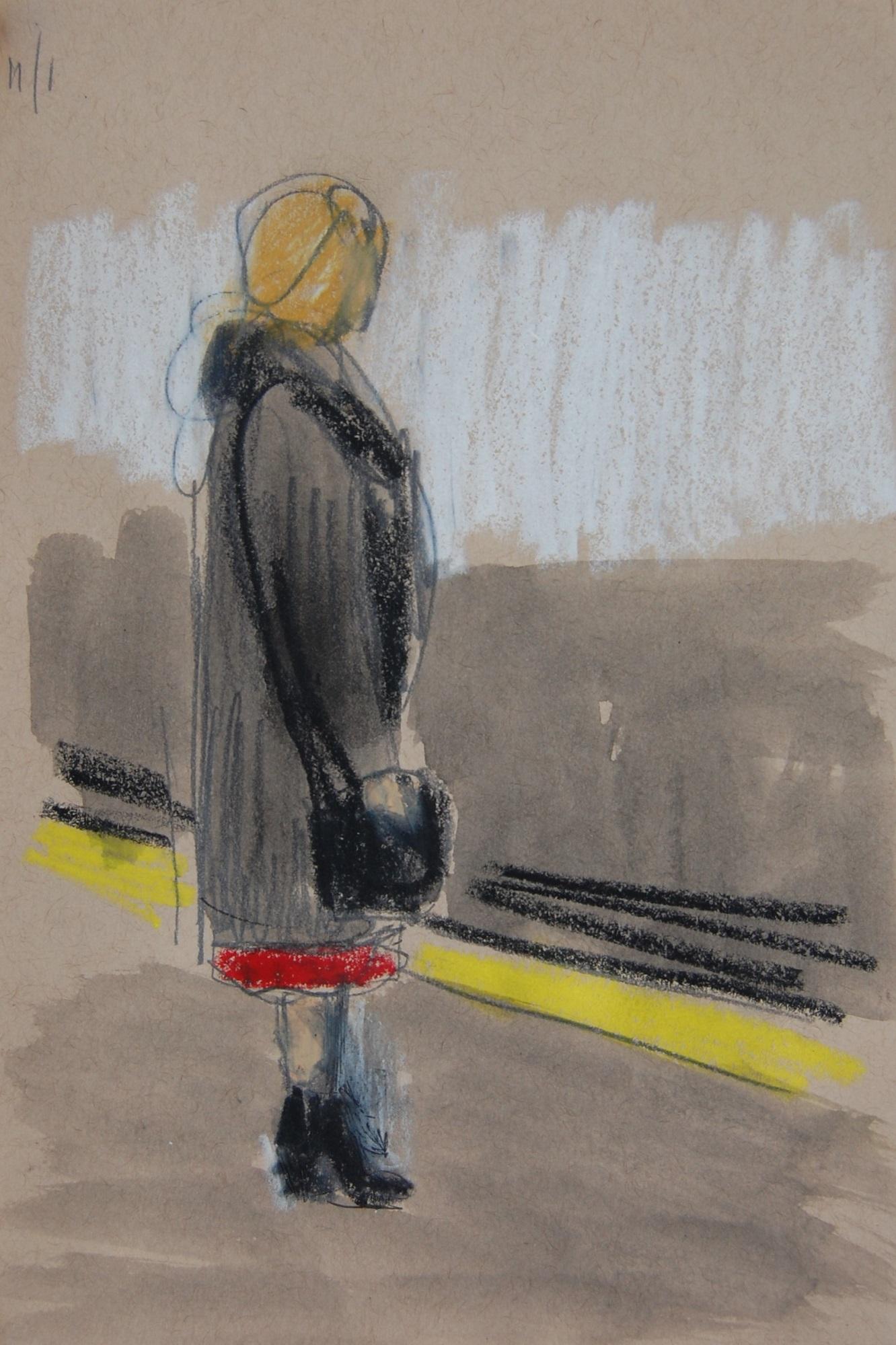Patrick Jewell Figurative Painting - Long Coat and Red Skirt on Platform