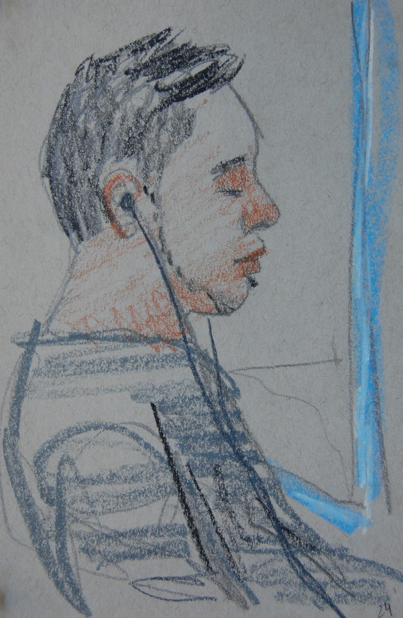 Patrick Jewell Figurative Painting - Profile of Young Man with Ear Buds and Eyes Closed