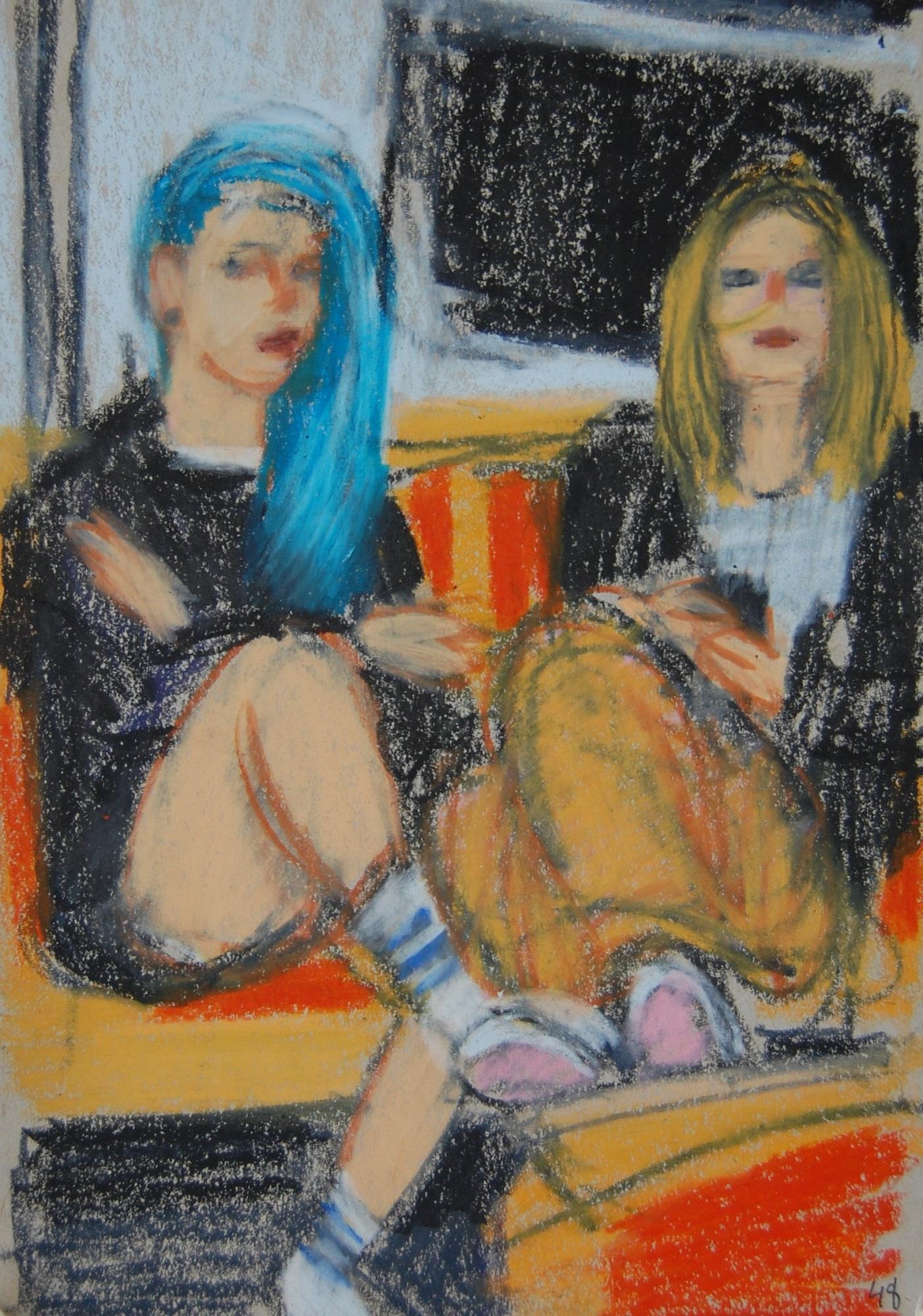 Patrick Jewell Figurative Painting - Teenagers with Blue Hair and Nose Chain