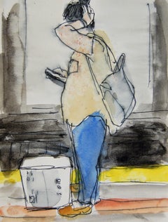 Woman with Box and Phone on Platform