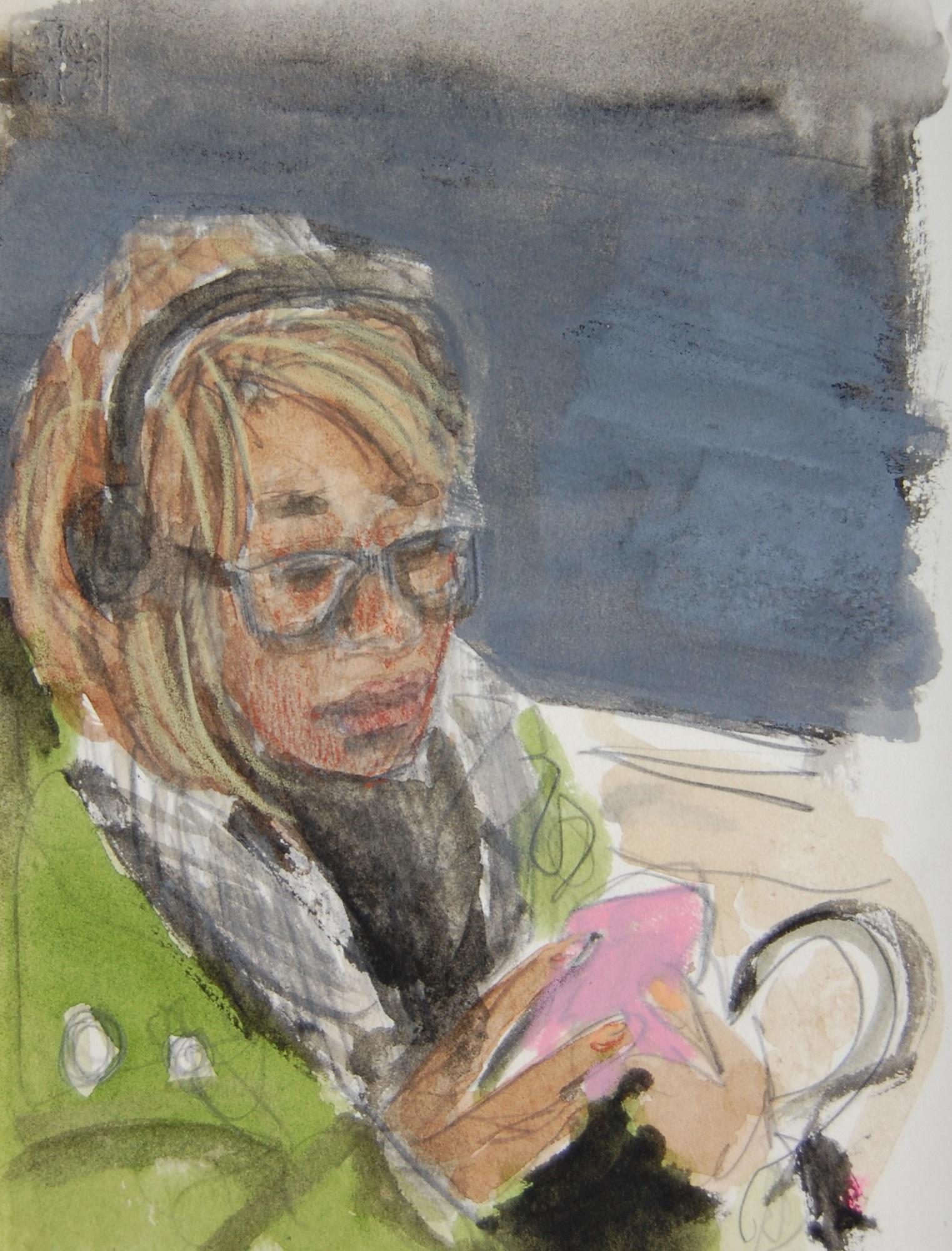 Patrick Jewell Figurative Art - Headphones, Green Coat, Pink Phone