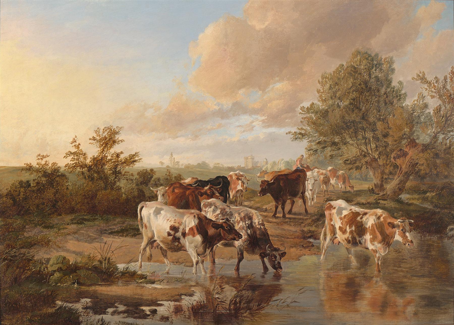 Thomas Sidney Cooper Animal Painting - The Watering Place - Cattle Oil Painting