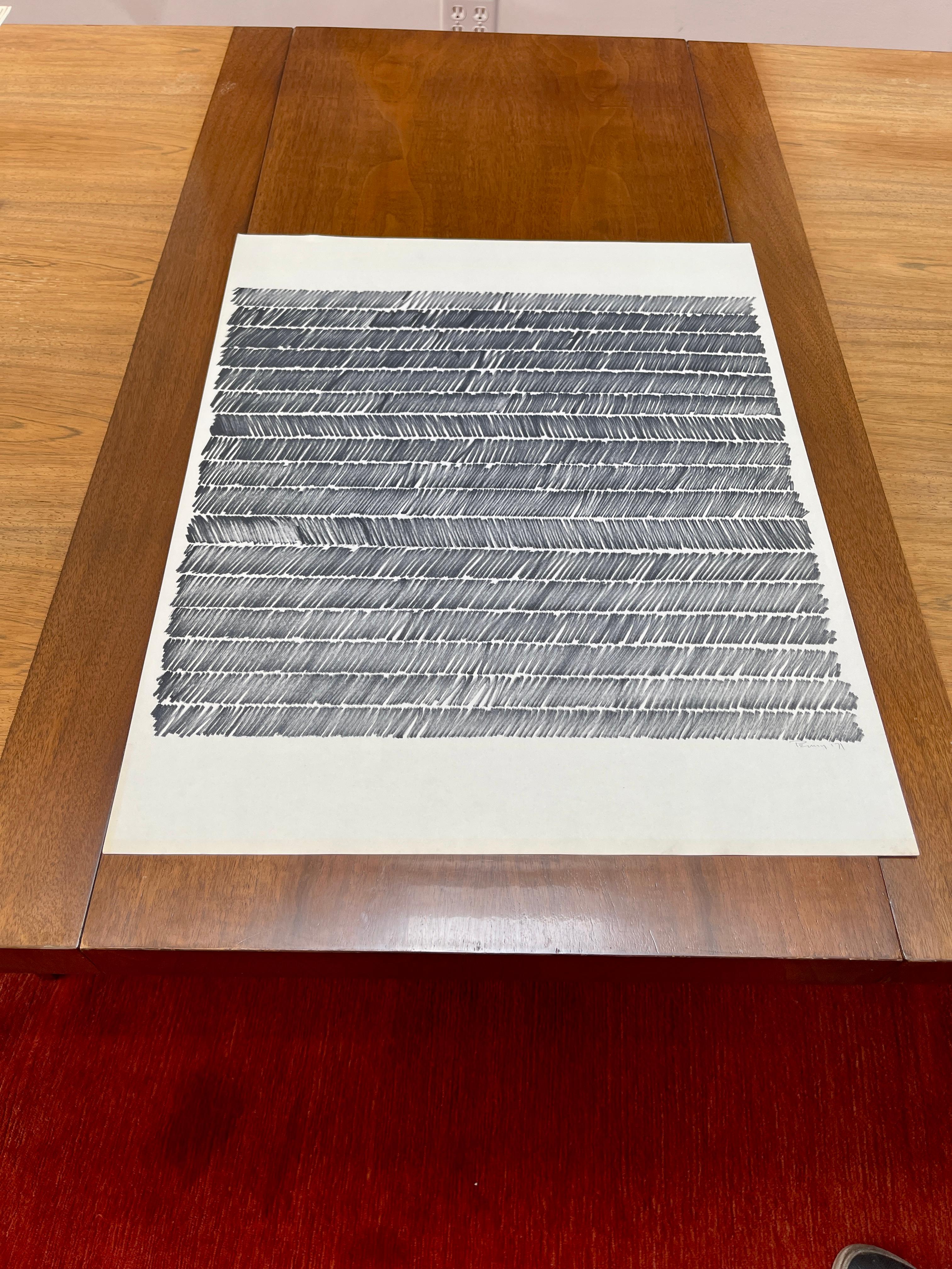 Mit Bleistift signierte und datierte Originalzeichnung von Aubrey Penny 1971 aus der Serie Reflection #6021.

Aubrey Penny (Amerikaner, 1917-2000) war ein innovativer abstrakter Künstler aus Kalifornien, der mit einer Vielzahl von Medien arbeitete.