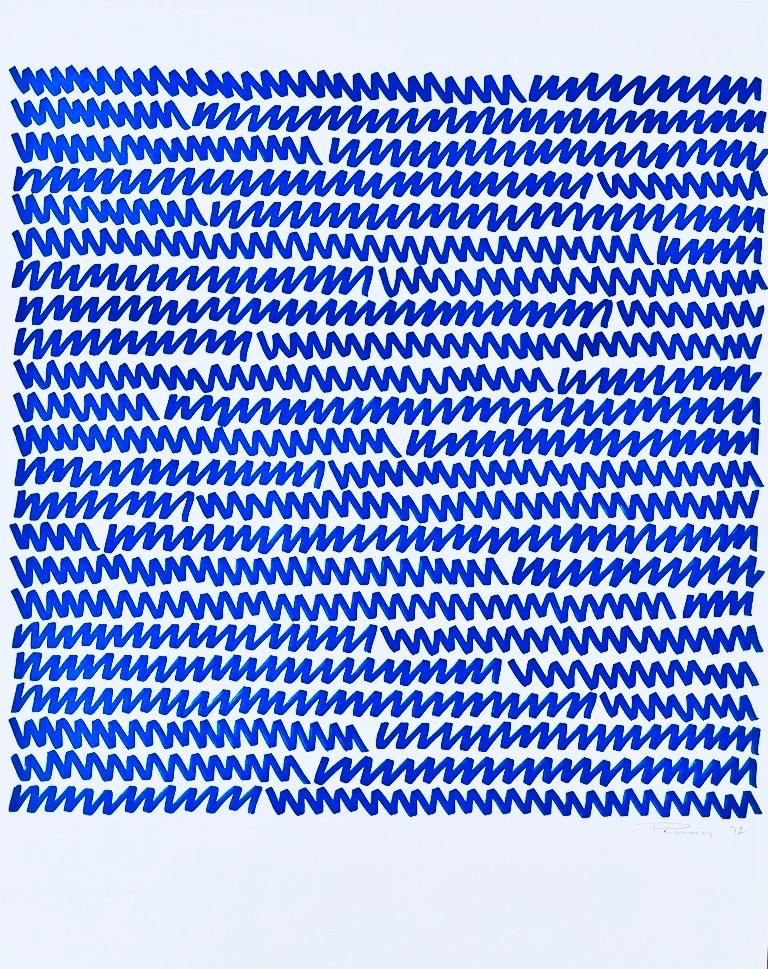 Aubrey Penny Dibujo abstracto con rotulador azul, firmado y fechado en venta 1