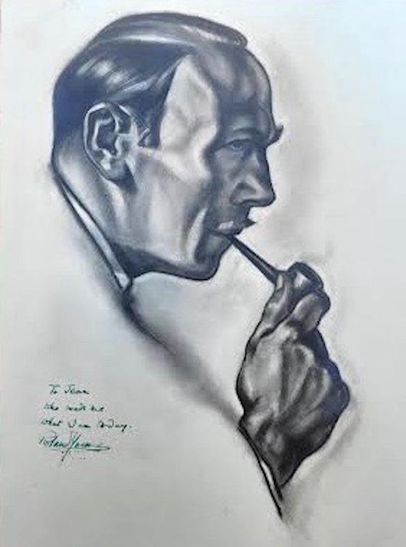 Retrato Dibujo del Actor Roland Young (1887-1953) Regalado a Jean Negulesco. - Figurative Art Gris de Unknown