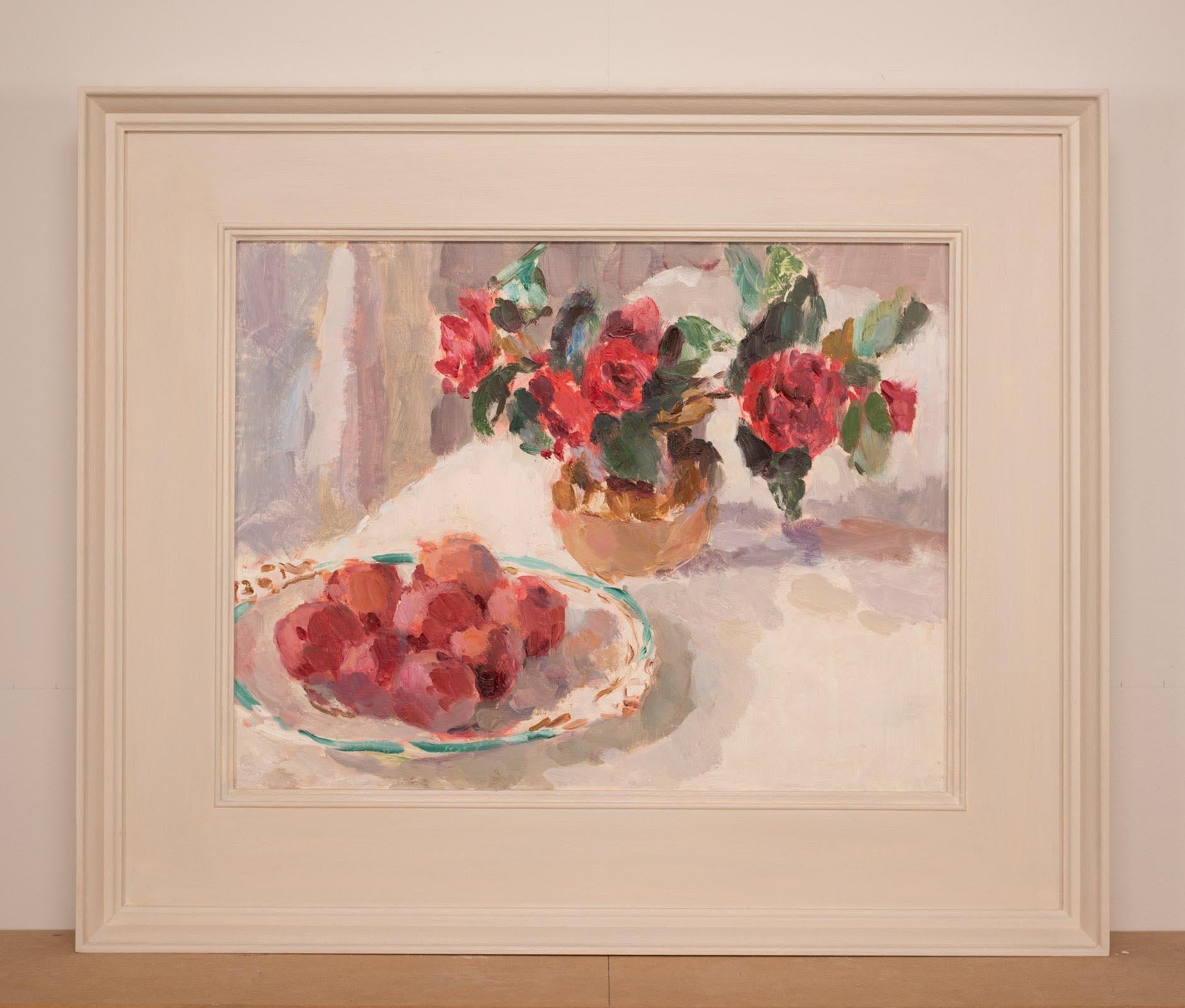 Camellias and a Dish of Plums, Still life painting in Impressionistic style - Painting by Lynne Cartlidge