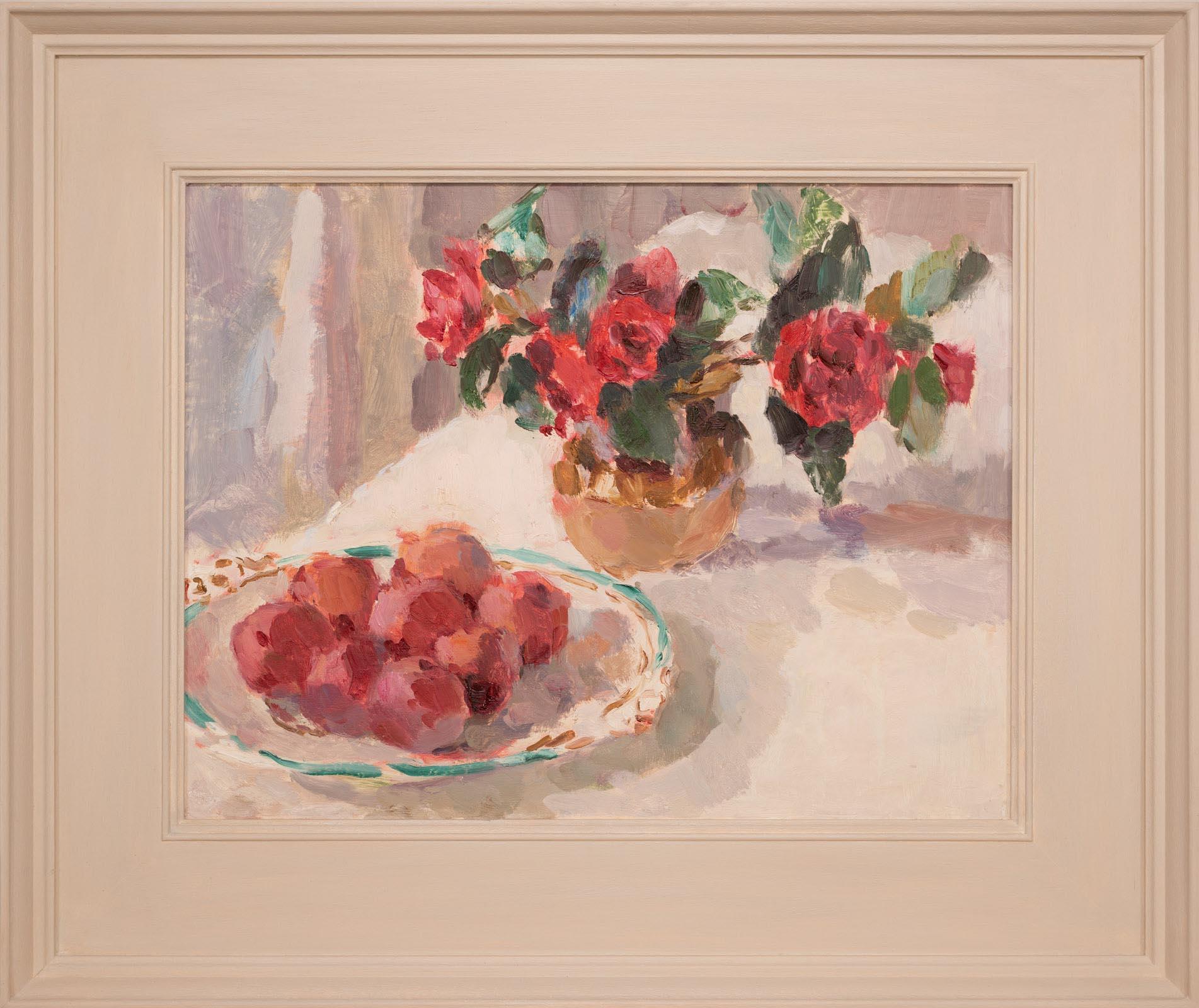 Camellias and a Dish of Plums, Still life painting in Impressionistic style - Contemporary Painting by Lynne Cartlidge