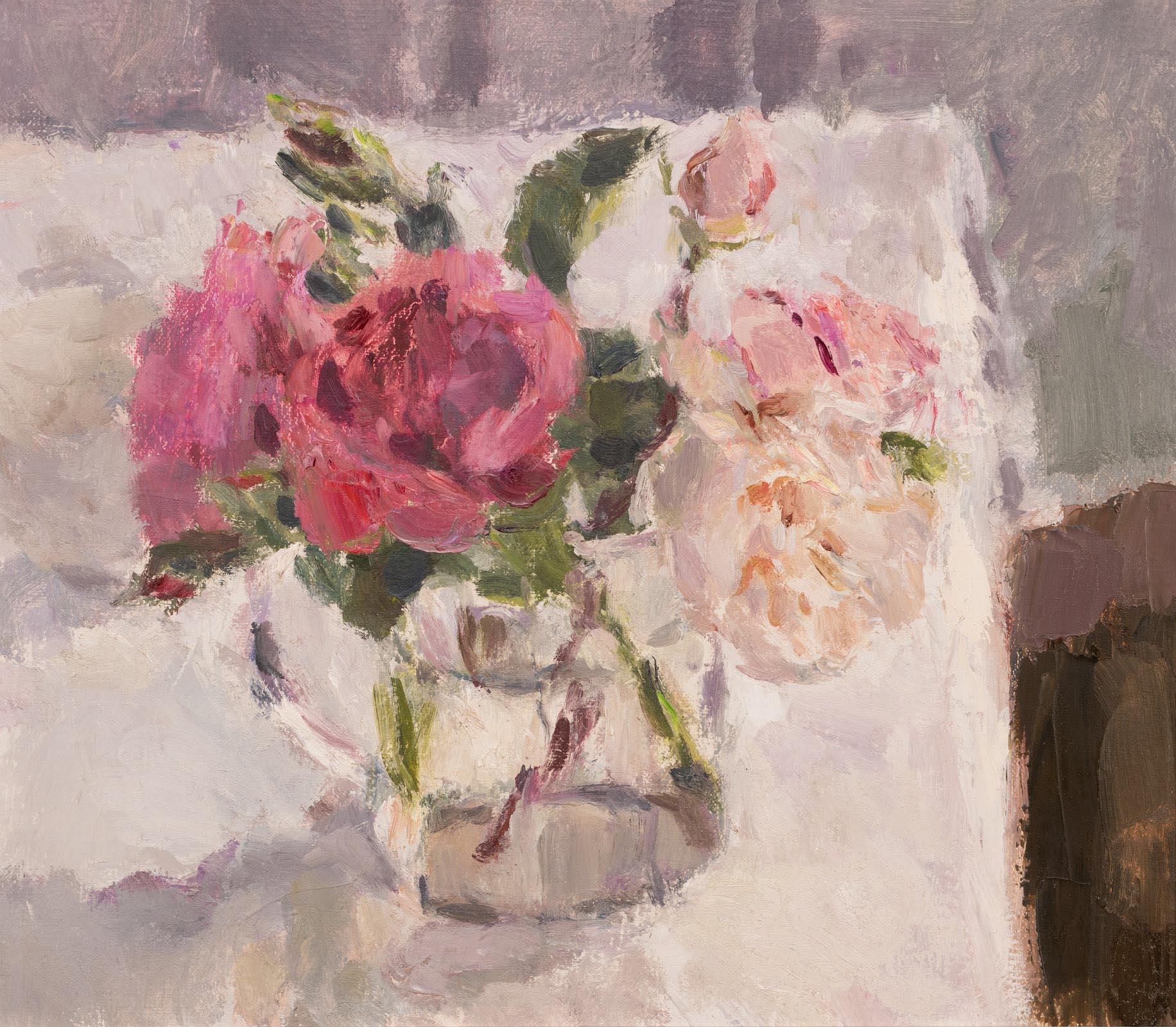 Lynne Cartlidge Interior Painting – Roses in a Glass Jug 1, still life painting, original art, pink rose painting 