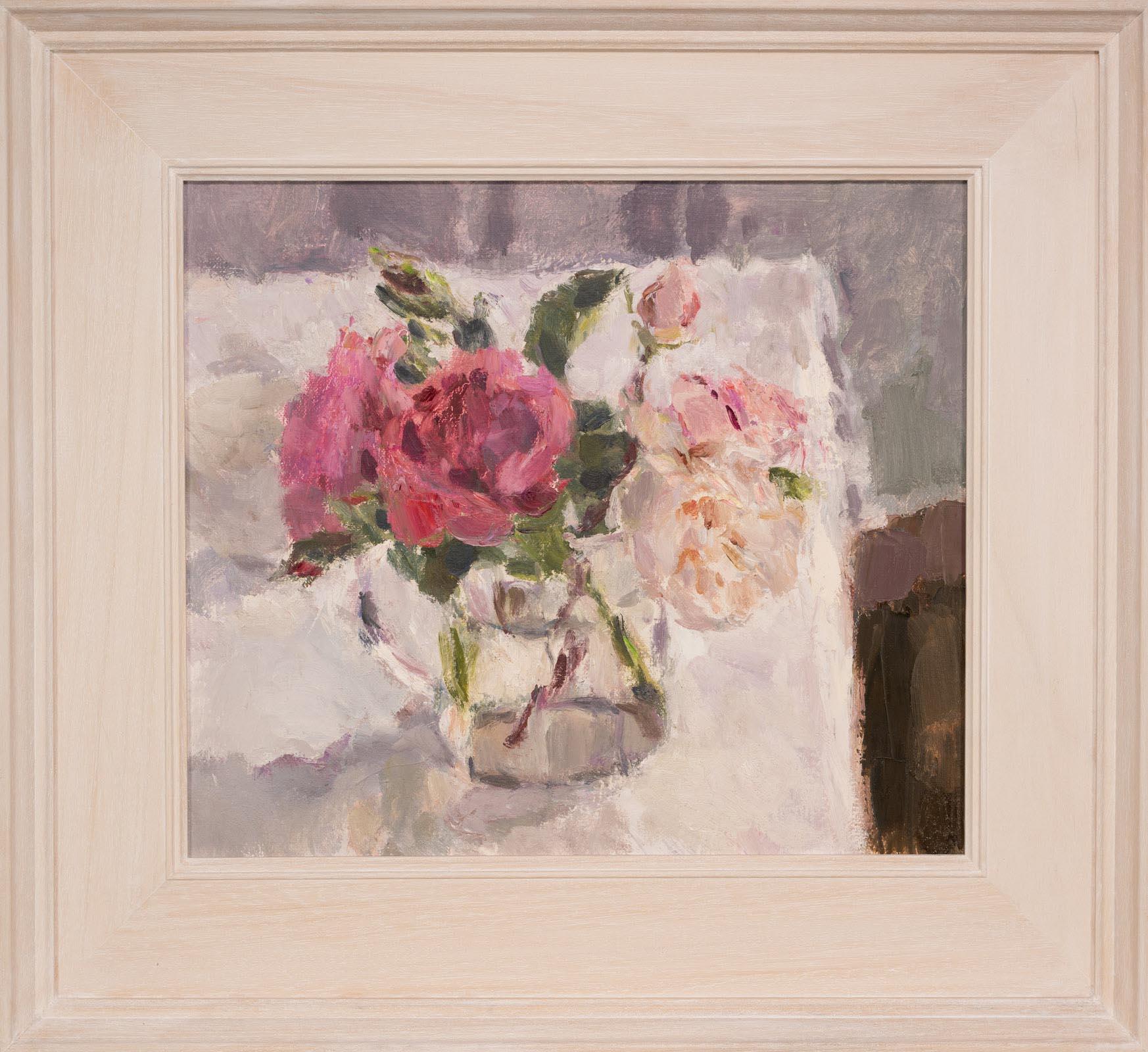 Roses in a Glass Jug 1, still life painting, original art, pink rose painting  – Painting von Lynne Cartlidge