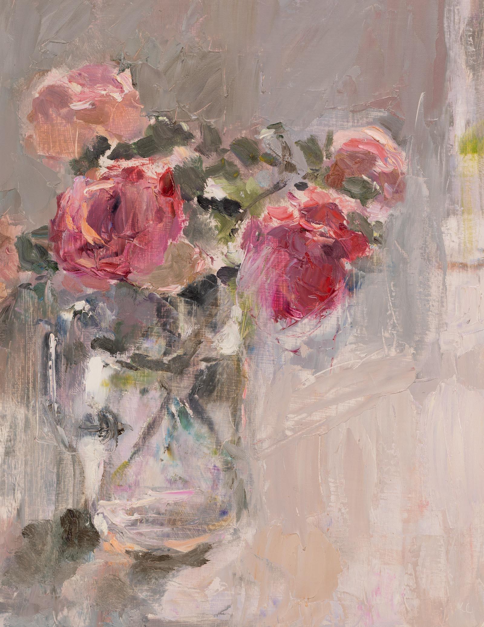 Lynne Cartlidge Still-Life Painting - Roses in a glass jug 2, an original still life oil painting