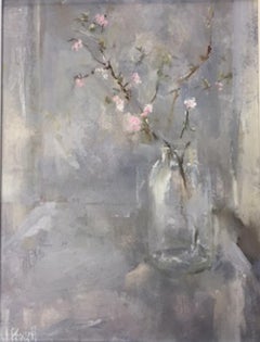 Great Tew Blossom II, still life, original oil, grey and pink painting 