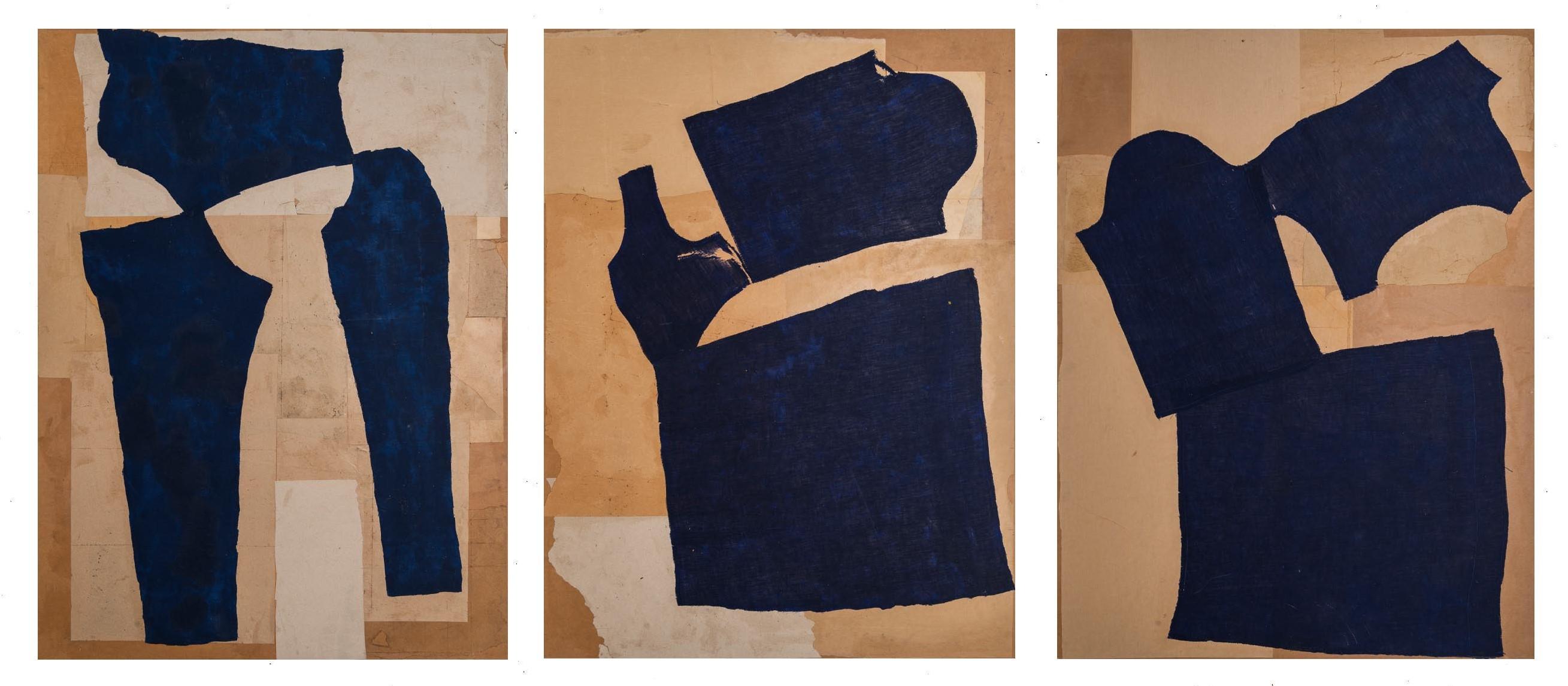 Undone series, large blue abstract cut outs , Triptych, fashion art collage, (Zeitgenössisch), Art, von Nicola Grellier