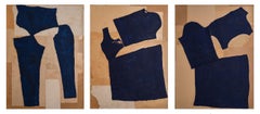Undone series, large blue abstract cut outs , Triptych, fashion art collage,