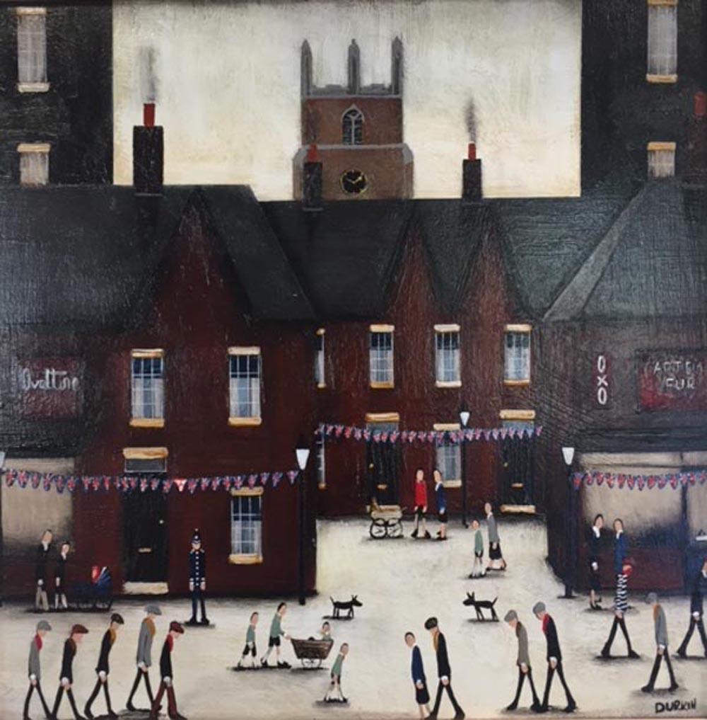 Sean Durkin Figurative Painting - Keeping Watch, oil painting inspired by Lowry, original painting 