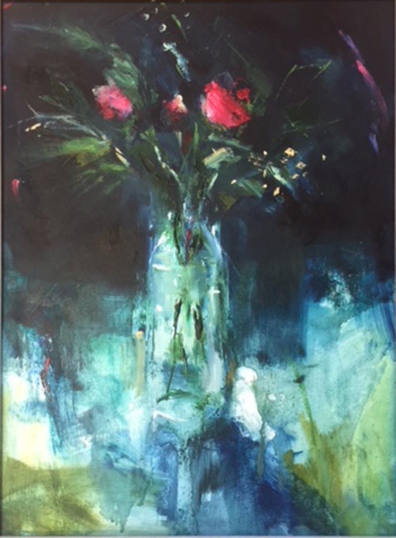 Jemma Powell Still-Life Painting - Three Red Roses in a Glass Jug, original painting, affordable art for sale, floral