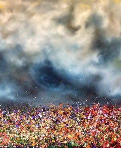 Immerse yourself, abstract contemporary painting of flowers and skyscape