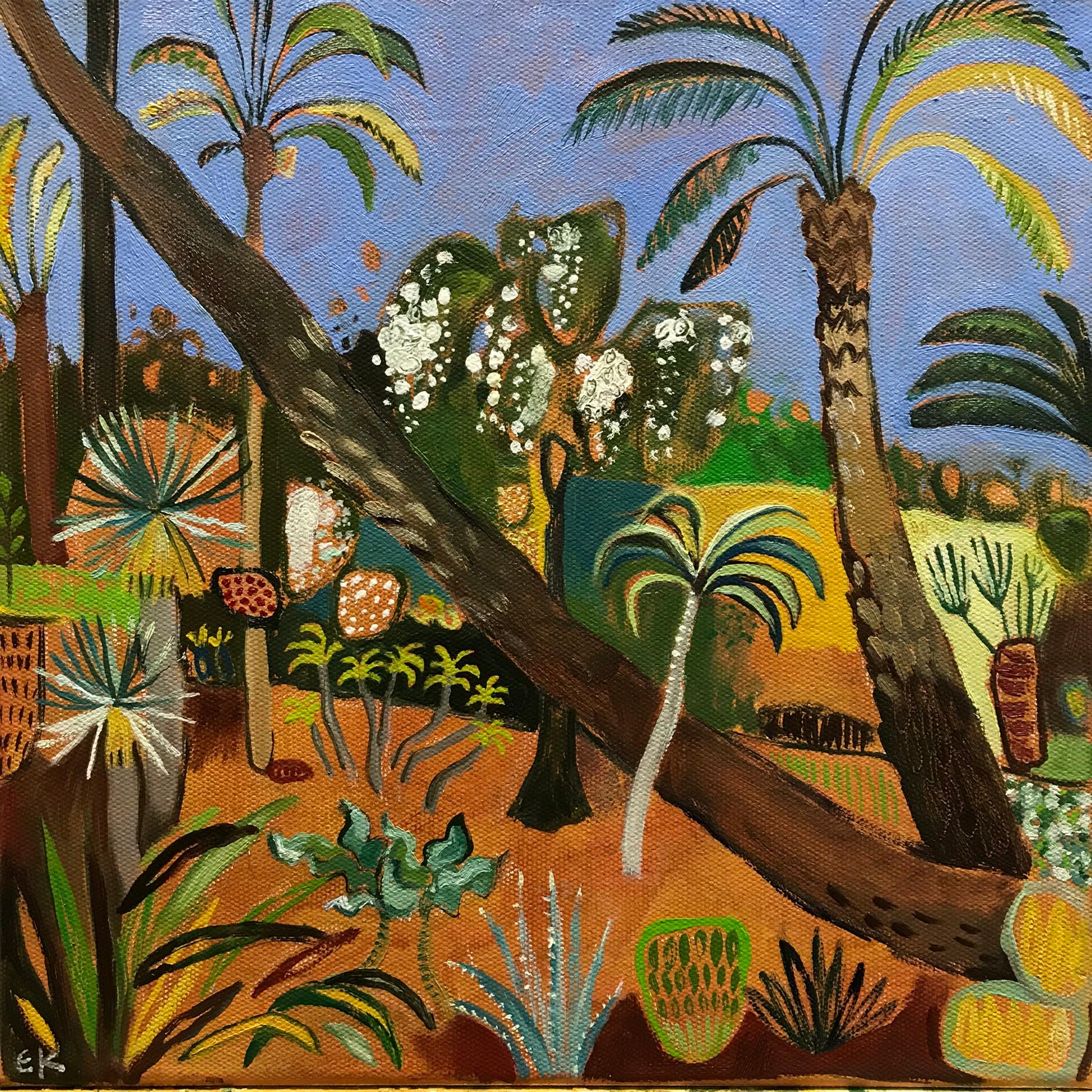 Elaine Kazimierczuk Landscape Painting - Little Marjorelle Gardens Leaning Palm Tree, Marrakech small contemporary art