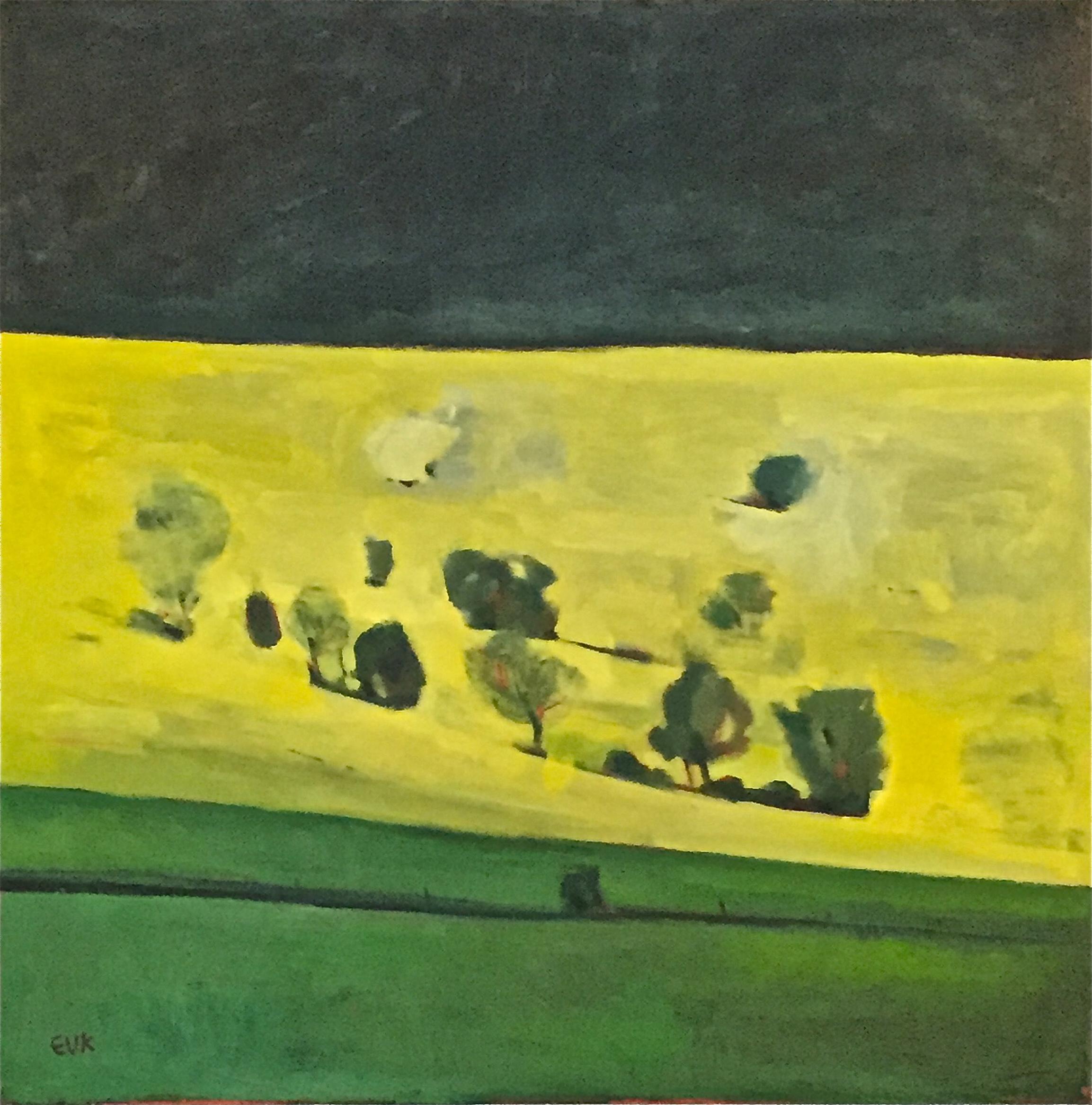 Black, Yellow, Green is a vibrant abstract landscape painting of a field filled with oil seed rape in full blossom set against a darkening sky creating by artist Elaine Kazimierczuk.
Medium: Oil on Canvas
Colours: Black, Yellow and Green.
Size: 76 x
