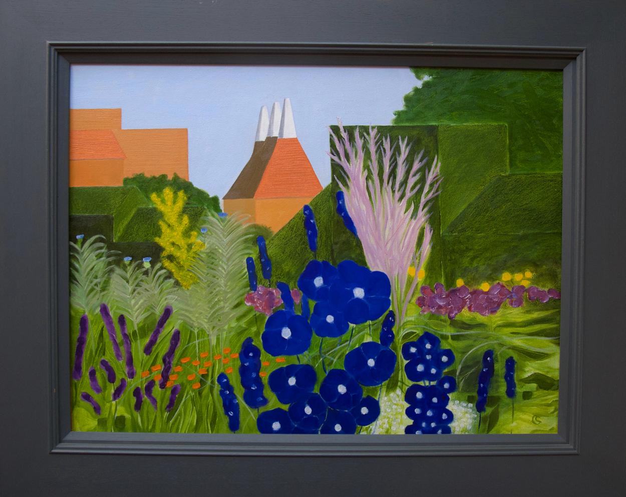 Christo Sharpe Landscape Painting – Garten mit östlichen Häusern