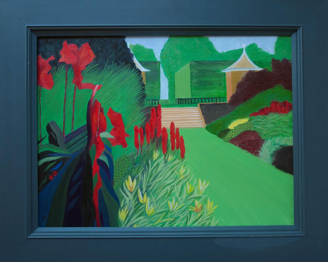 My name is Christo Sharpe. ‘Red borders’ is the latest in a series of garden paintings. I have undertaken many commissions based on gardens and I find the subject endlessly fascinating. In this painting I have been able to fully explore my love of