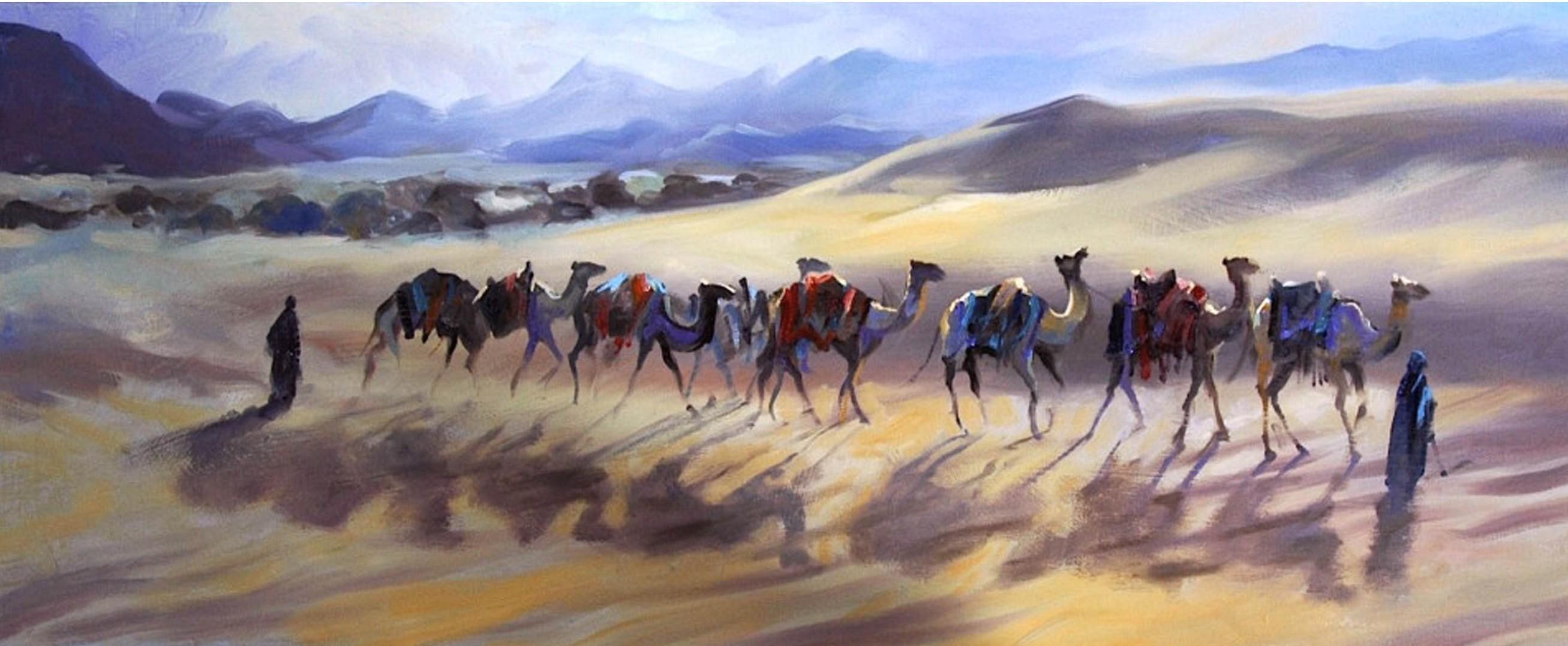 Trevor Waugh Landscape Painting - Camels Contre Jour
