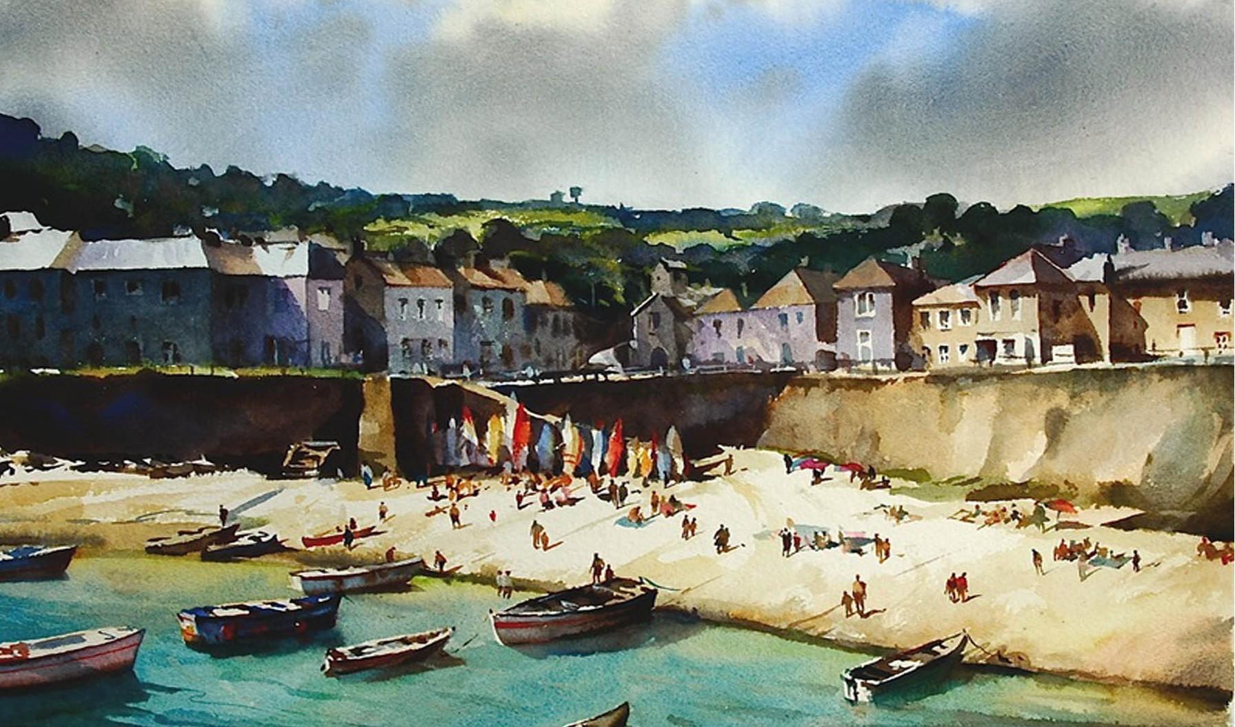 Landscape Painting di Trevor Waugh - Spiaggia di Mousehole Cornovaglia