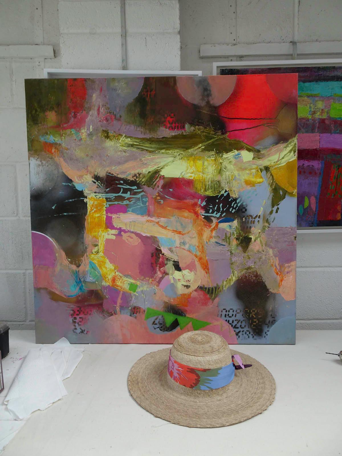 Teresa Pemberton Finding the Clues 2014 Inspired by the landscape and archeology of Dartmoor where a Bronze Age grave was discovered. Contemporary painting. Vibrant colour. Experimental. Mixed media: acrylic, spray paint,
oil paint.