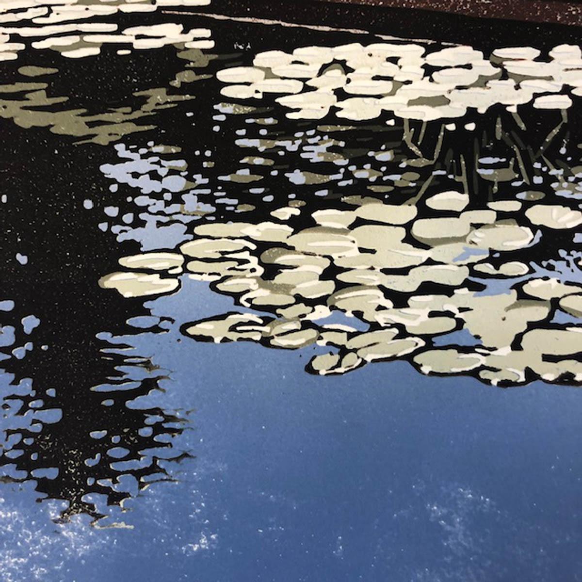 Claydon Pond Reflections, Alexandra Buckle, Original Limited Edition Lino Print For Sale 1