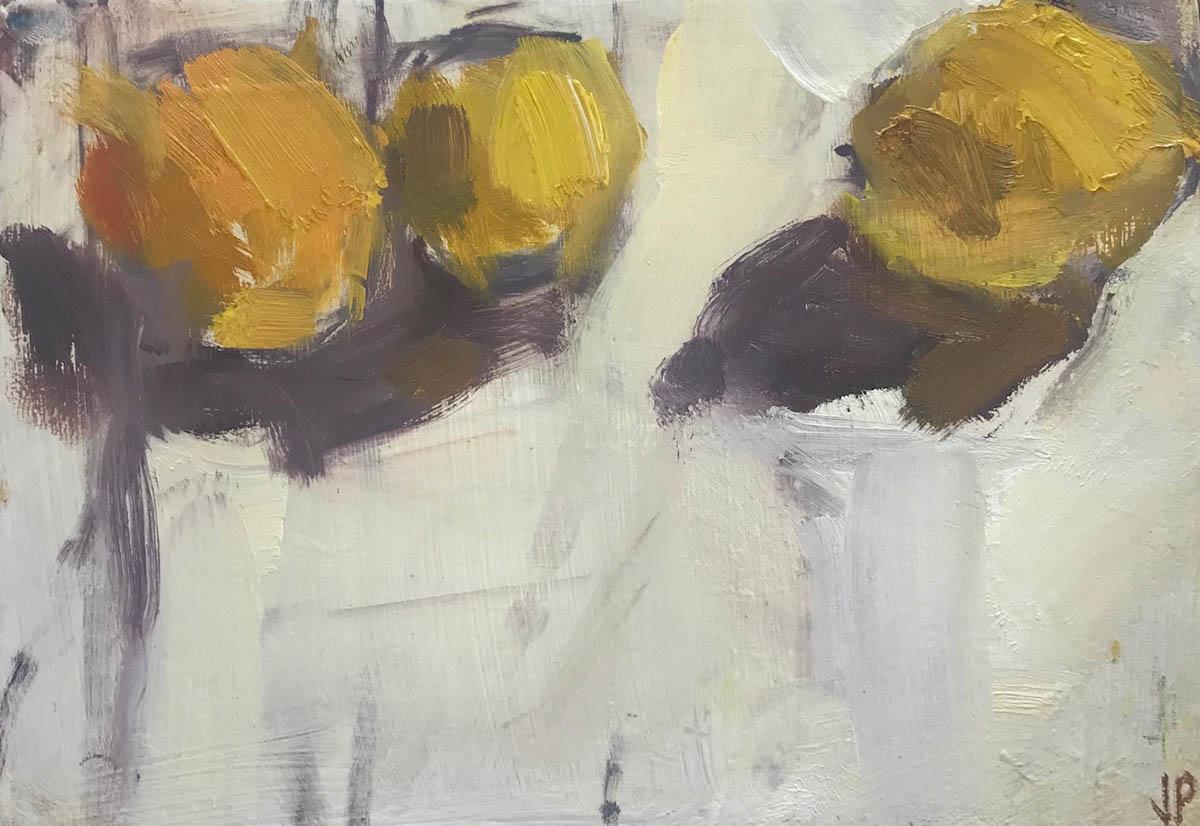 Three Lemons III by Jemma Powell
Oil on Board
Sold Framed
Signed JP in the bottom right hand corner of the painting and on reverse of the frame

Image Size – 17.5 x 25 cm
Board Size – 31 x 38.5 cm
Frame Size – 34 x 41.5 cm

Creation Year: 2019