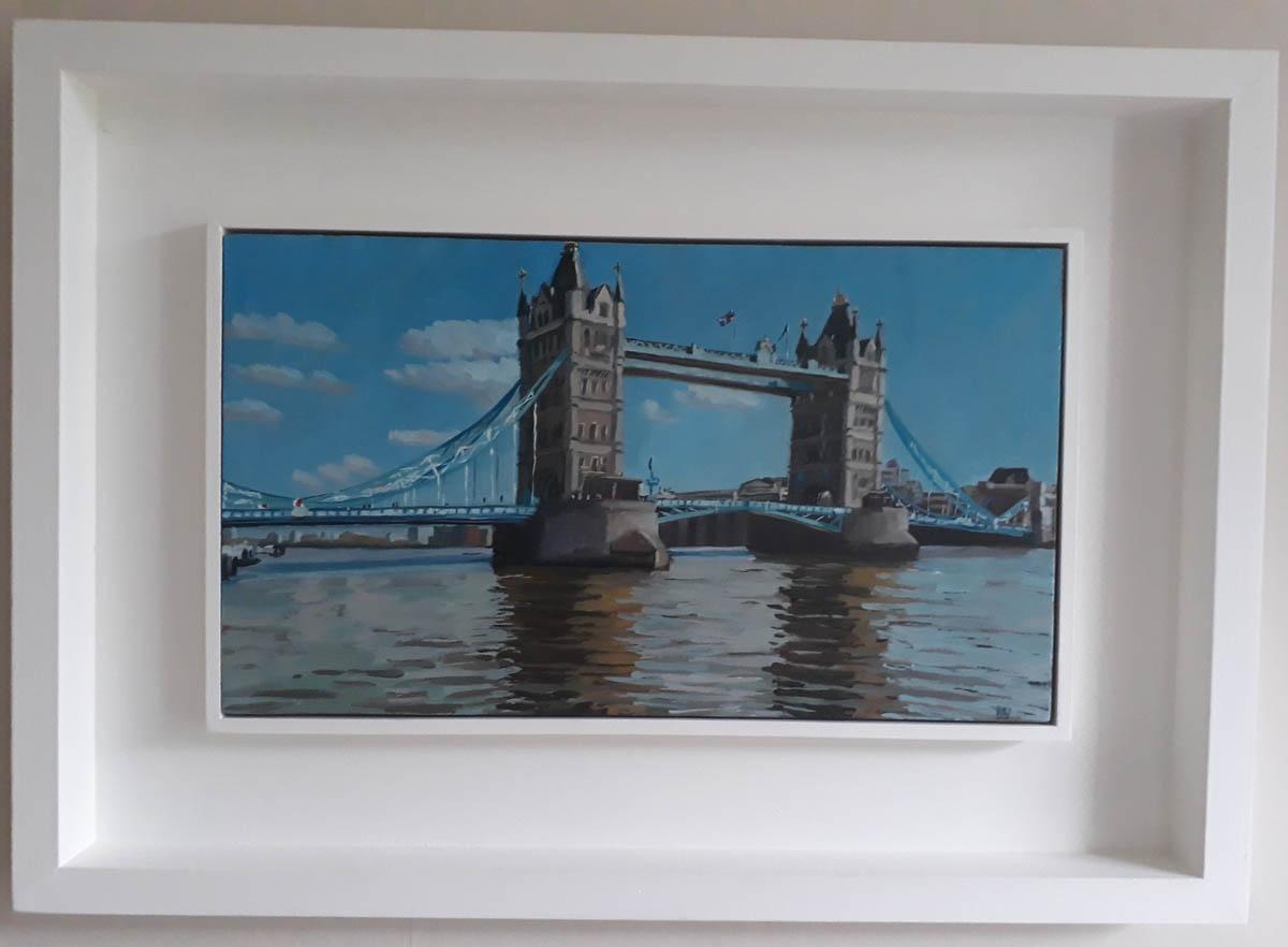 ‘Tower Bridge from the North Bank’ 20 x 35 cms unframed, 37 x 52 cms framed, oil on board by Lesley Dabson. Built in the late 1800’s, the iconic Tower Bridge, both a bascule and suspension bridge, is one of London’s most recognizable landmarks. When