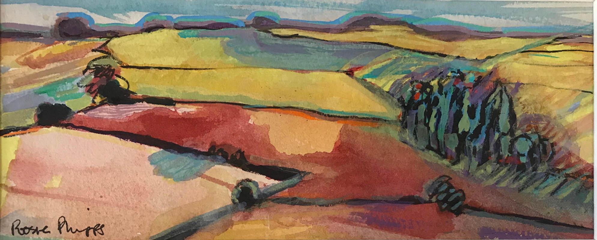 Les Cotswolds par beau temps
Rosie Phipps
Aquarelle, gouache, pastel
40 cm x 23 cm

Passer dans le paysage en regardant d'abord au loin, puis à mi-distance, puis à proximité et de nouveau à l'endroit où l'horizon des mèches de paille dorées