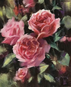 Original-Ölgemälde "Deep Pink, Roses", zeitgenössisches Blumenstillleben von Trevor Waugh