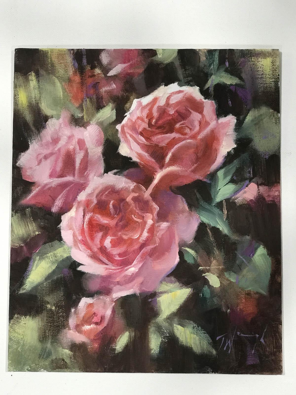 Trevor Waugh, rose foncé, roses, peinture à l'huile originale, ombre florale contemporaine en vente 5