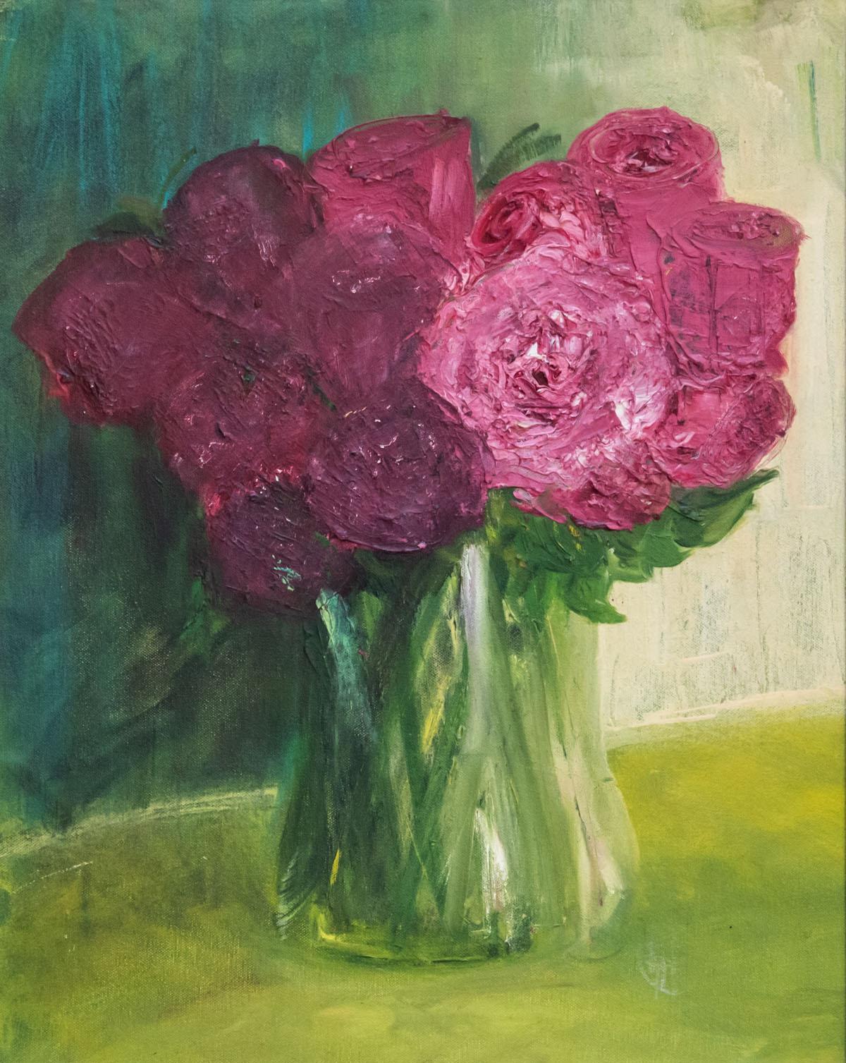 Henrietta Caledon
Pink Roses
Framed Original Oil Painting
Oil on Canvas Board
Canvas Size: H 48cm x W 38cm
Framed Size: H 68cm x W 57cm
Signed by the artist
Please note that the images of this piece in situ are only an example.

Pink Roses is an