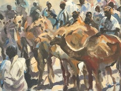 Trevor Waugh, Marché au Maroc, peinture à l'huile originale, , Art contemporain 