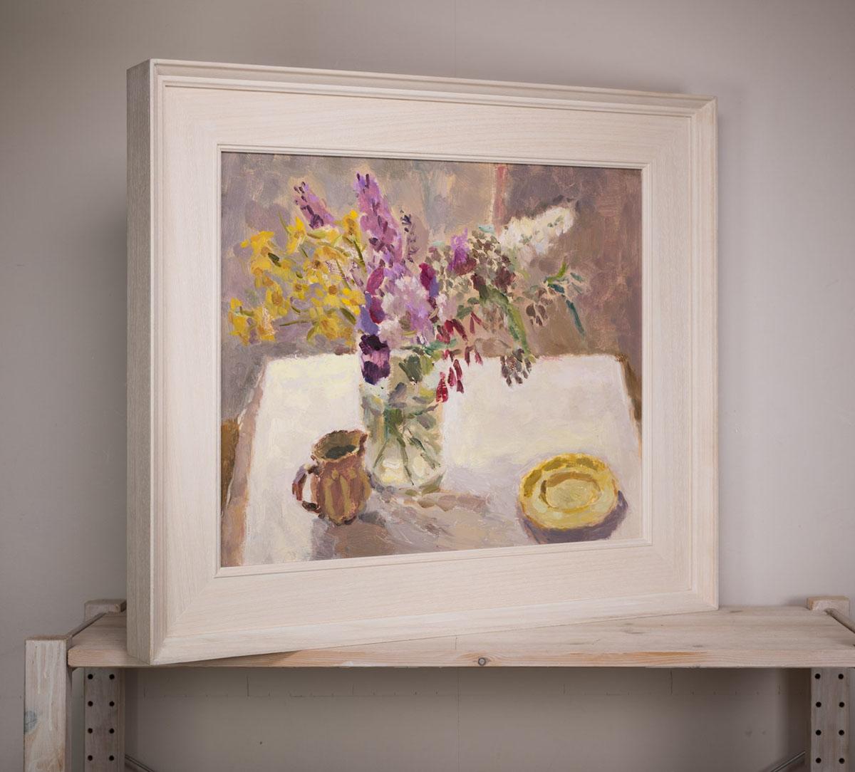 Summer garden flowers painted from life. Oil on Board. Width 53cm x Height 43.3cm x Depth .6cm (20.9 x 17 x .2 inches). Frame finish: white limed wood. External measurements: Width 69.3cm x Height 59.5cm x Depth 7cm (27.3 x 23.4 x 2.8 inches).