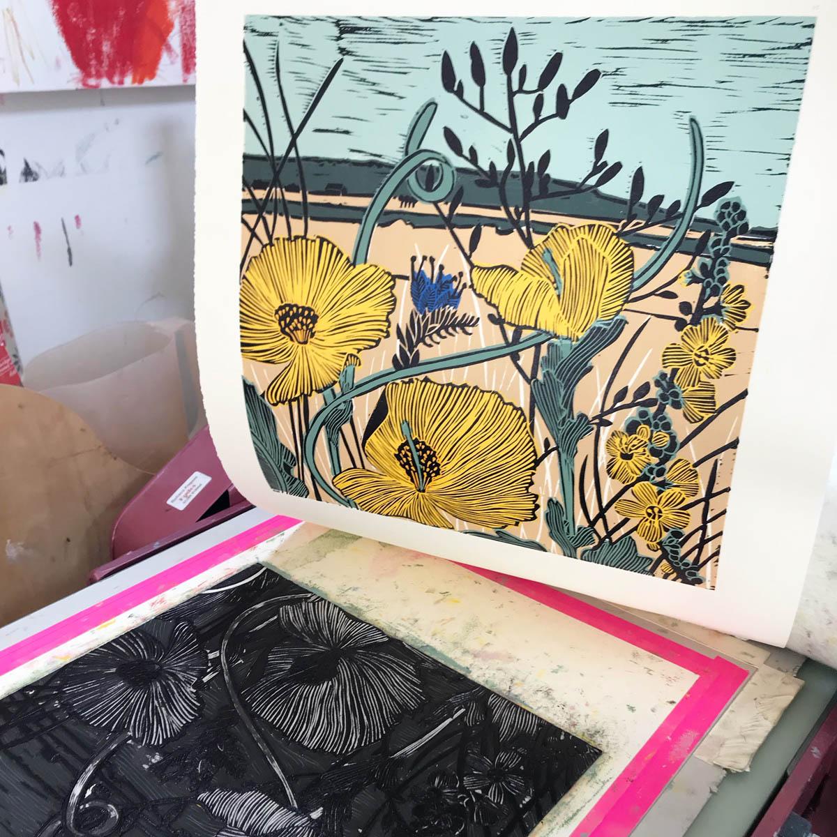 Amapola de cuernos amarillos, Kate Heiss, Edición limitada de linograbados, Amapolas, Campos en venta 1