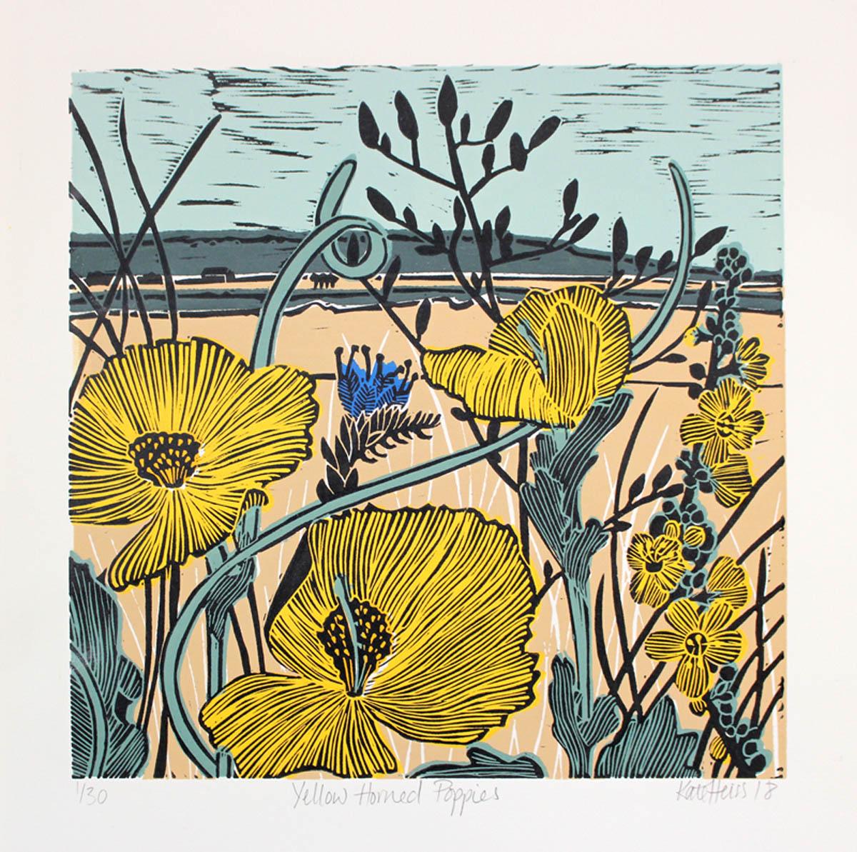 Coquelicot à cornes jaunes, Kate Heiss, linogravure en édition limitée, Pièces, champs