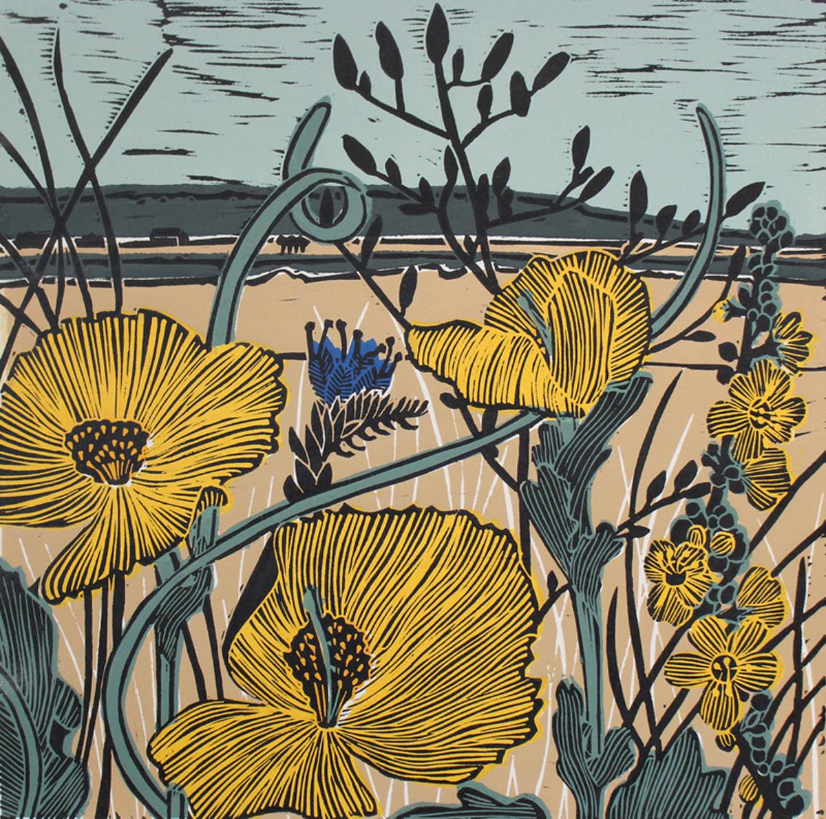 Amapola de cuernos amarillos, Kate Heiss, Edición limitada de linograbados, Amapolas, Campos en venta 3