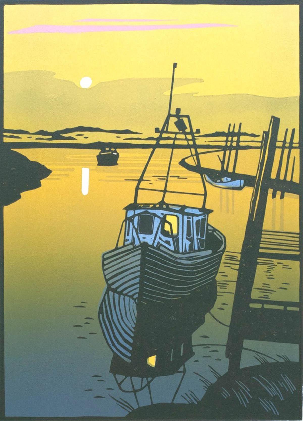 The Creek, Colin Moore, Limited Edition Linocut Print, Boating Art, Seascape