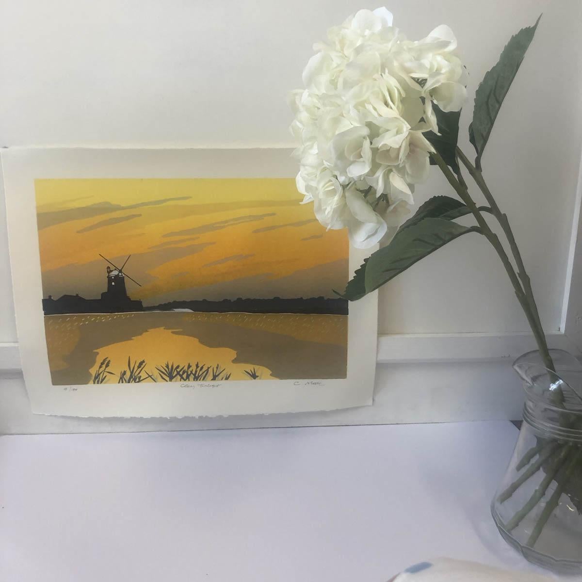 Cley Twighlight, Colin Moore, Stampa linoleografica in edizione limitata, Arte rurale, Mulino a vento in vendita 1