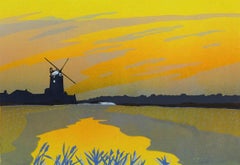 Cley Twighlight, Colin Moore, Limited Edition Linocut Print, Rural Art, Windmill