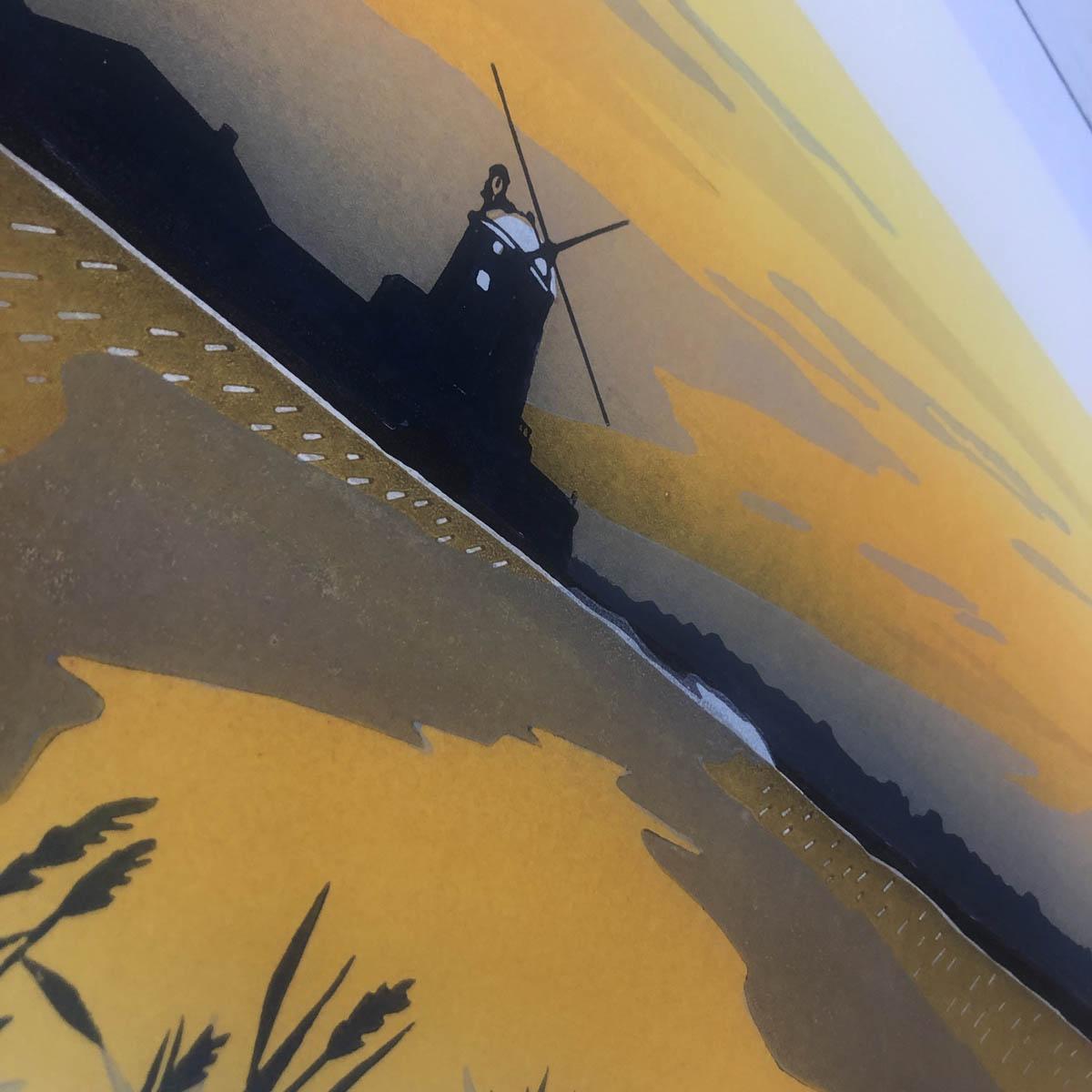 Cley Twighlight, Colin Moore, Stampa linoleografica in edizione limitata, Arte rurale, Mulino a vento in vendita 6