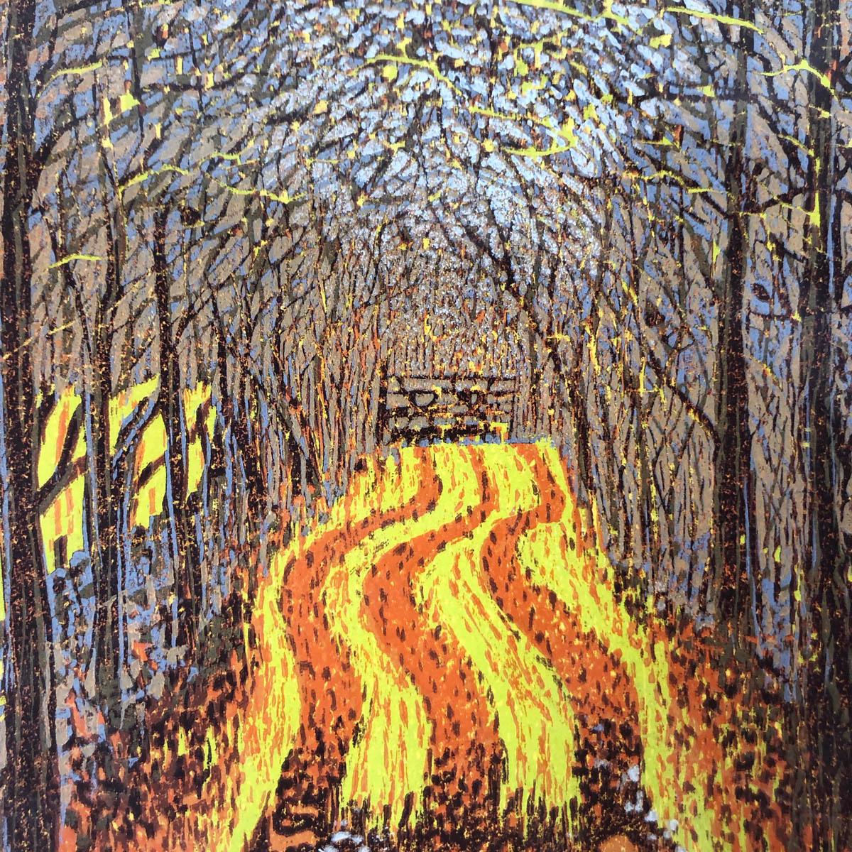 Autumn Lane by Printmaker, Mark A Pearce is an original hand printed Reduction Linocut made from just one block, which is reduced with each colour that he adds. This means no more prints can ever be produced from the block with an edition size of