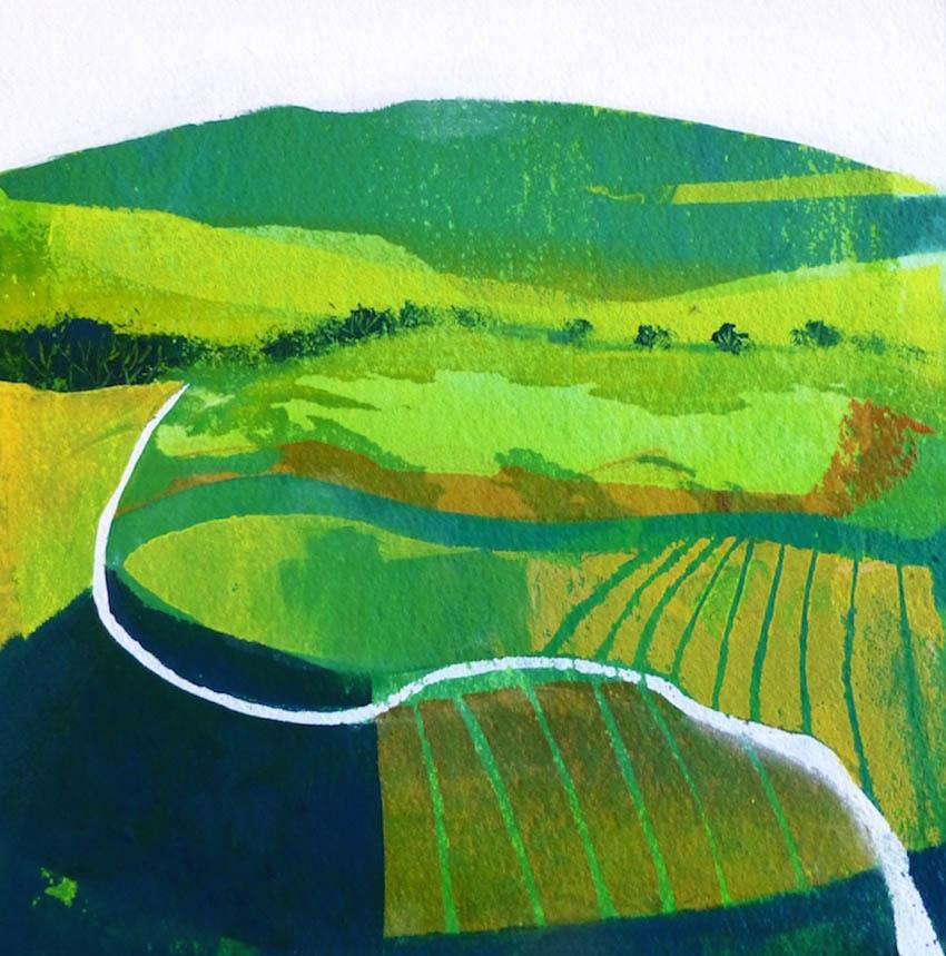 Anuk Naumann Landscape Painting - Spring fields BY ANUK NAUMANN, Original Landscape Mixed Media Painting for Sale