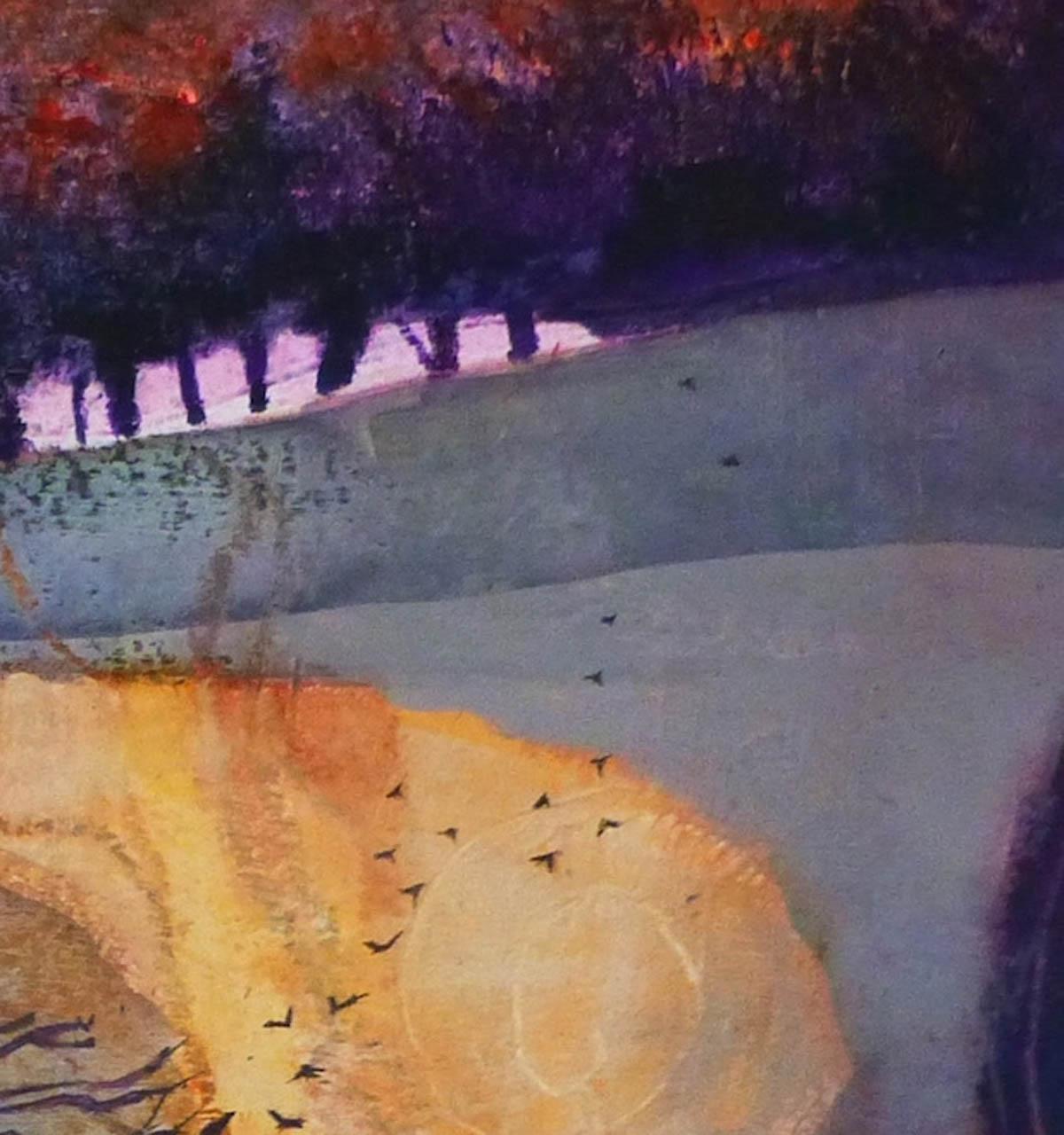 Anuk Naumann.

Sunset pond-  a mixed media painting in collage and acrylic.