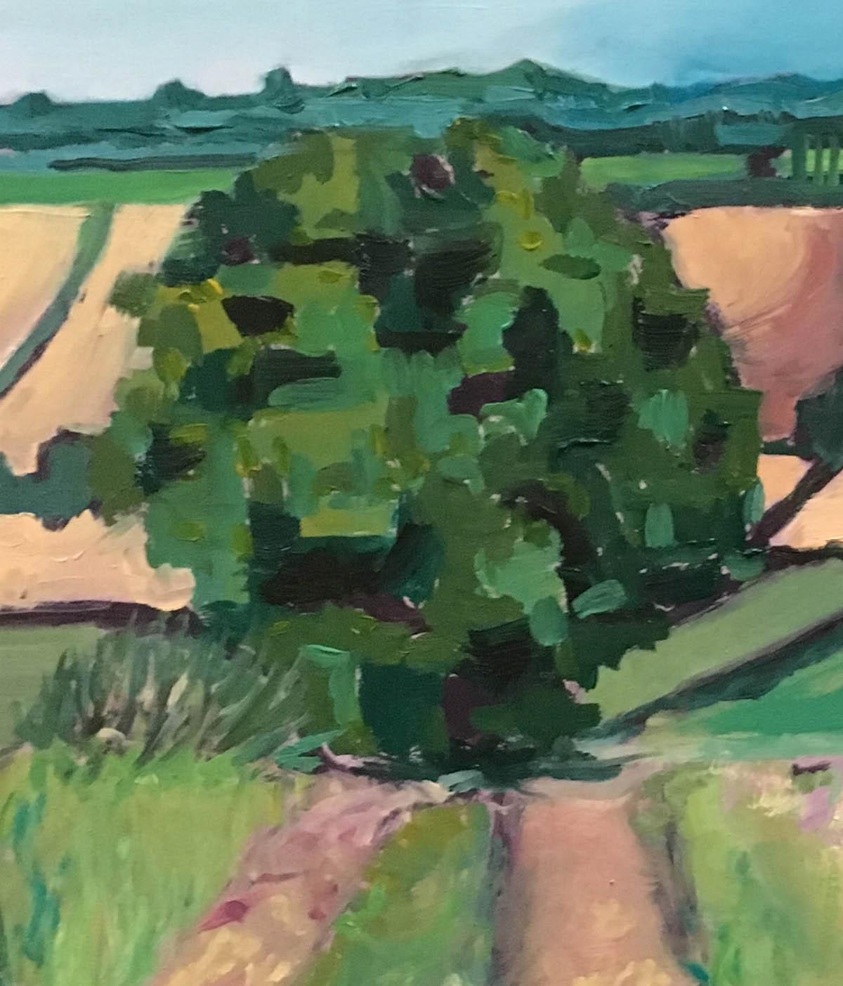 Walking out from Deddington is an original painting by Eleanor Woolley.
I am Always looking for beautiful views and this one struck me. Particularly the lovely dirt track leading down the small valley to the beautiful pale yellow fields in the
